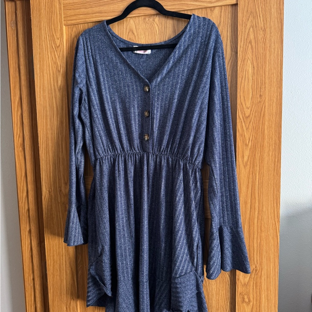 Blue Long Sleeve Button Dress
